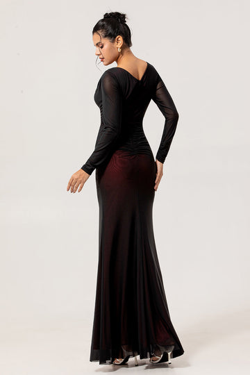 Black Red V Neck Ruched Sheath Long Sleeves Long Bridesmaid Dress with Slit